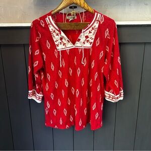 Lucky Brand Top Embroidered 3/4 Sleeve Blouse Shirt Semi Sheer Tassel Tie Red XL